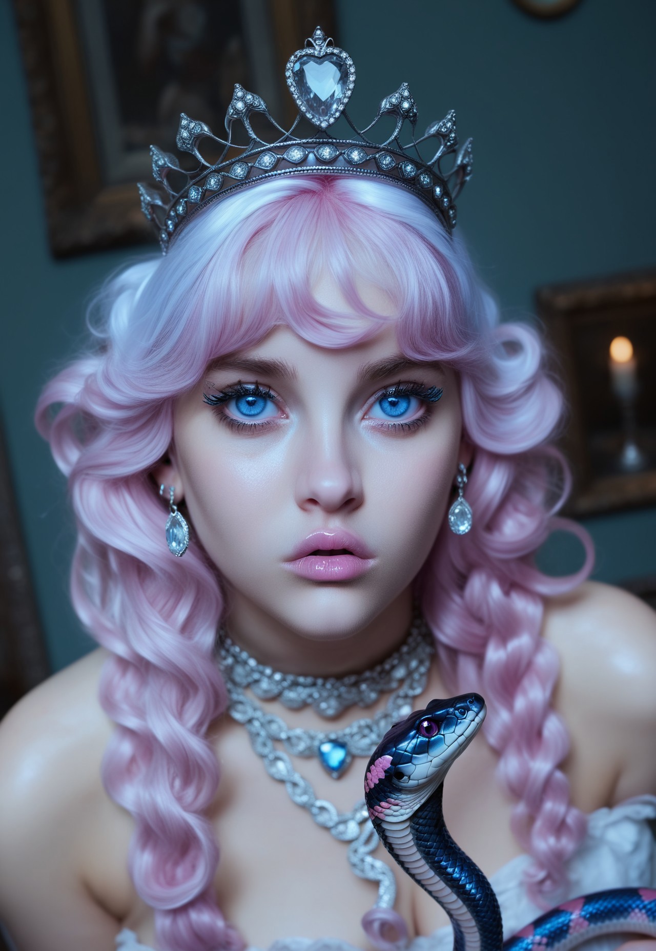 masterpiece, absurdres, best quality, Vdiff1_dskfll, 1girl, solo, jewelry, portrait, snake, looking at viewer, parted lips, necklace, long hair, wavy hair, gem, blue eyes, tiara, pink hair, blurry, lips, white hair, bangs,  indoors, cinematic angle, cinematic lighting, dynamic pose