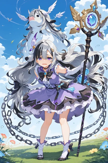 score_max, (score_9, score_8_up, score_7_up:1.2), score_6_up, official art, source_anime,
masterpiece, absurdres, high detail,
grasslands, blue sky, wind,
standing, legs apart, leaning forward, holding staff, planted staff, tired, open mouth, wavy mouth,
dia, cow ears, two-tone hair, streaked hair, single sidelock, low-tied long hair, magica2019, wing hair ornament, choker, purple dress, bowtie, brooch, black bow, sleeveless, frills, white gloves, elbow gloves, black skirt, chain, white footwear, heels
<lora:XL_Pony_MGCM-acedia-t1:1.0>