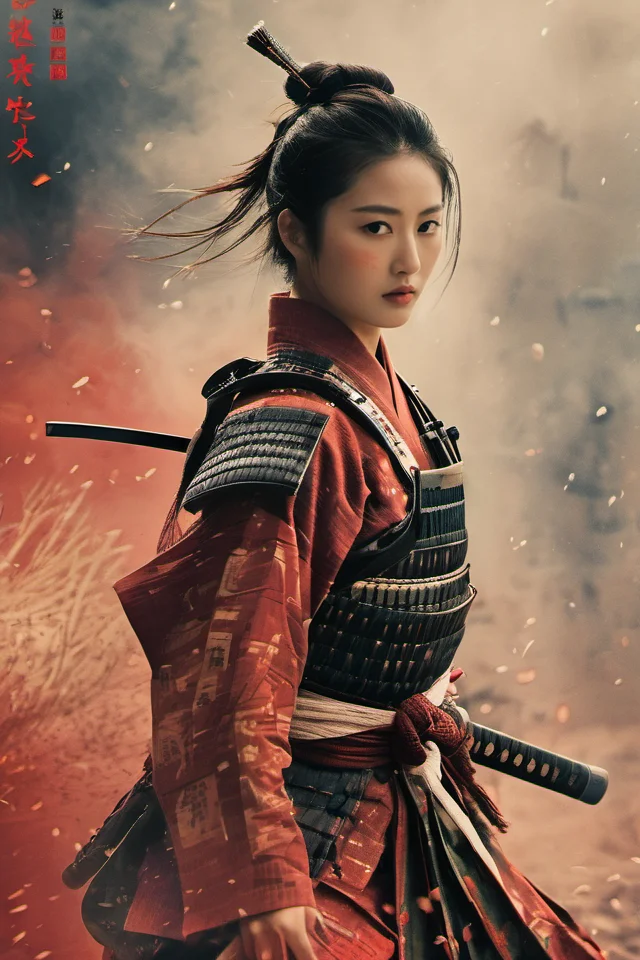 Akira Kurosawa's cinematic style poster,A 28-year-old girl,full body shoot,embodying the spirit of a Samurai from the Warring States Period in Japan. Brightly colored,with a backdrop of war,She wears traditional samurai armor adorned with intricate details,holding a katana with determination,The falling smoke of gunpowder,symbolizing the beauty amidst conflict,Detailed,historical,and with a touch of elegance,cinematic,detailed,style dominated by red,minimalist composition shimmer,edge ligh,<lora:Samurai:0.8>,