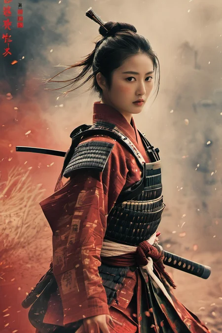 Akira Kurosawa's cinematic style poster,A 28-year-old girl,full body shoot,embodying the spirit of a Samurai from the Warring States Period in Japan. Brightly colored,with a backdrop of war,She wears traditional samurai armor adorned with intricate details,holding a katana with determination,The falling smoke of gunpowder,symbolizing the beauty amidst conflict,Detailed,historical,and with a touch of elegance,cinematic,detailed,style dominated by red,minimalist composition shimmer,edge ligh,<lora:Samurai:0.8>,