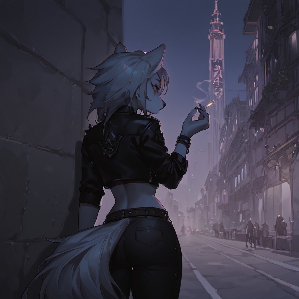 score_9, score_8_up, score_7_up, masterpiece, best quality, good quality, highly detailed, absurdres, anime style, dark theme, low light, Expressiveh, detailed background, night city, night sky, city lights, 1 girl, solo, Roxymayosplash, anthro wolf, hourglass figure, crop top, black leather jacket, leather pants,  back against the wall, smoking cigarette, looking away