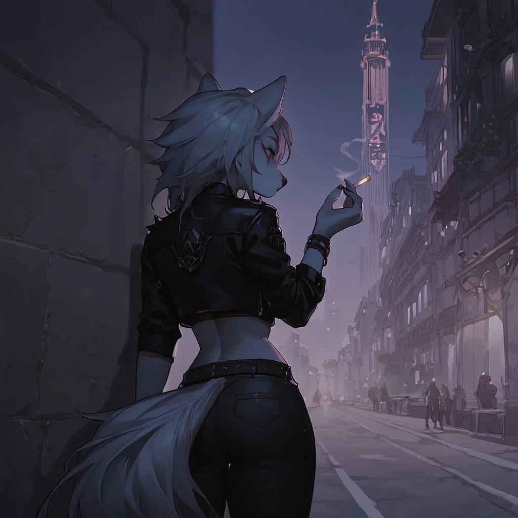 score_9, score_8_up, score_7_up, masterpiece, best quality, good quality, highly detailed, absurdres, anime style, dark theme, low light, Expressiveh, detailed background, night city, night sky, city lights, 1 girl, solo, Roxymayosplash, anthro wolf, hourglass figure, crop top, black leather jacket, leather pants, back against the wall, smoking cigarette, looking away