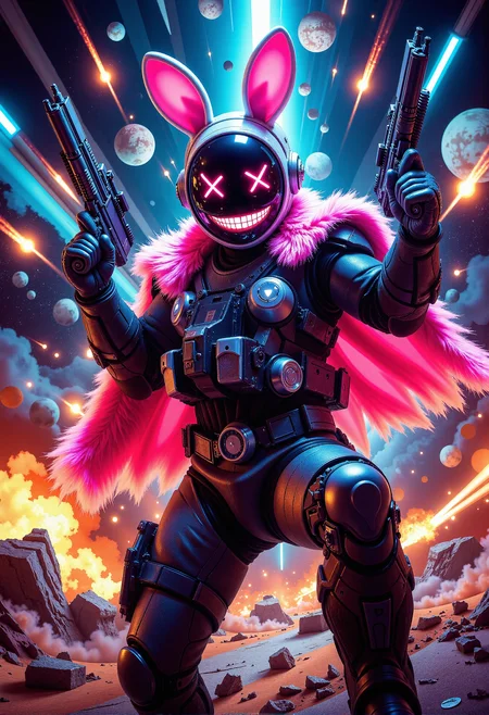 A vibrant, neon-soaked scene captured in a dramatic Dutch angle, featuring a charismatic figure in a futuristic astronaut helmet with pink bunny ears. The black visor of the helmet displays a glowing cartoonish smile and two bright, abstract eyes represented by luminous crosses. The character strikes a dynamic combat pose, exuding confidence, with their semi-transparent energy rifles glowing in electric blue and pink, casually held upward, as if ready for action. They wear a rugged, flamboyant pink fur cape over sleek high-tech armor. Comets streak across a fiery cosmic backdrop filled with colorful nebulae, rocky debris, and distant planets. The surreal, chaotic energy of the setting amplifies the playful yet menacing aura of the bunny-eared warrior, standing at the center of an explosive galactic battlefield. <lora:FLUX-daubrez-DB4RZ.safetensors:0.5>, <lora:aiai-Glimra-Flux-Dev-v2.safetensors:0.5>, <lora:boFLUX digital-abyss.safetensors:0.5>, <lora:boFLUX AbstractMorph.safetensors:0.85>, <lora:aidmacatched-FLUX-v0.1.safetensors:0.7>,
