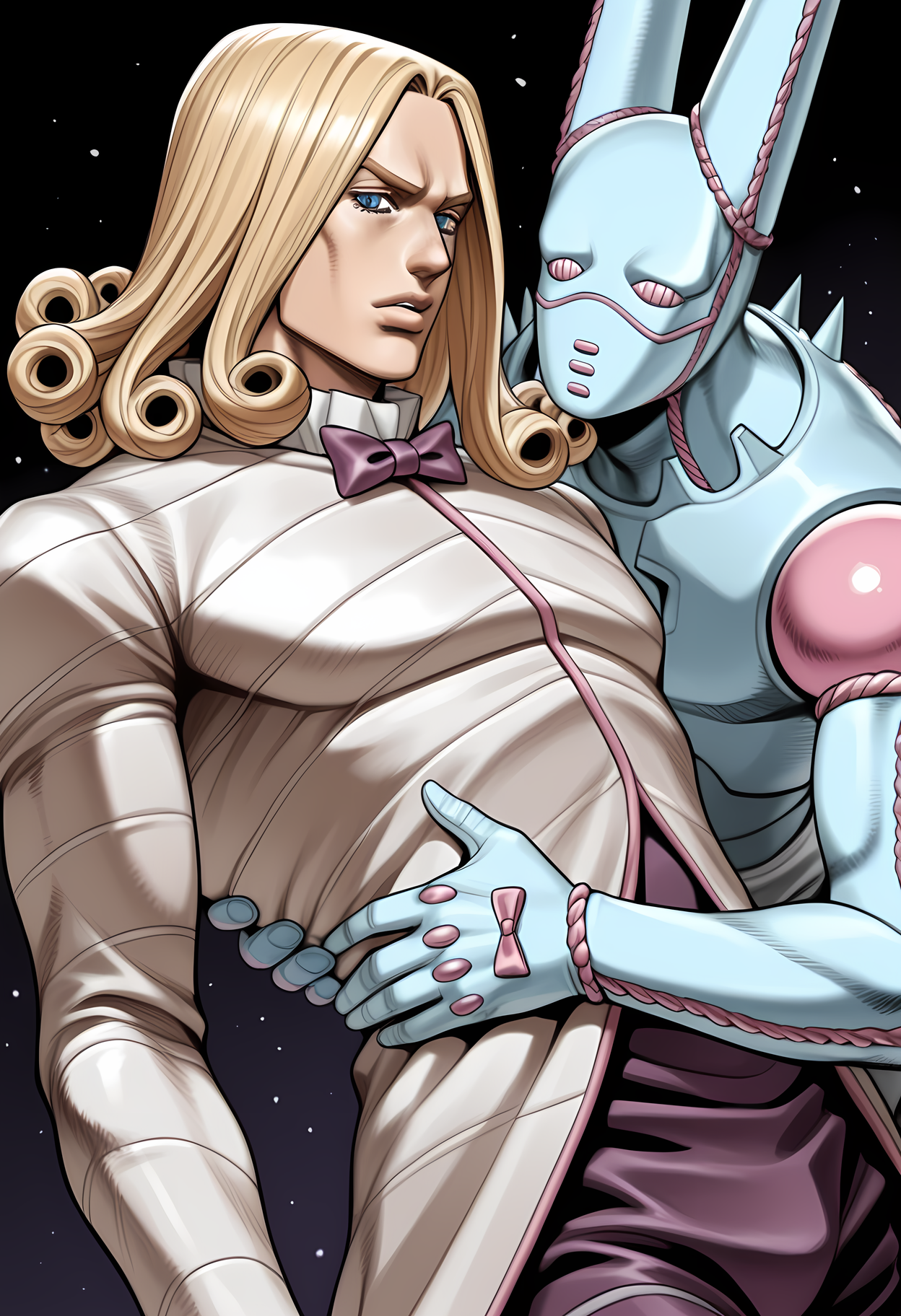 masterpiece, best quality, amazing quality, dutch angle, abstract background, BREAK
2boys, jjba_d4c, stand \(jojo\), robot, blue body, pink trim, BREAK
1boy, solo, male focus, jjba_funnyvalentine, blonde hair, curls, blue eyes, tuxedo, formal, bow tie, BREAK
<lora:cfg_scale_boost:.6>  <lora:Funny_Valentine_-_Jojos_Bizarre_Adventure_-_ILXL:1>