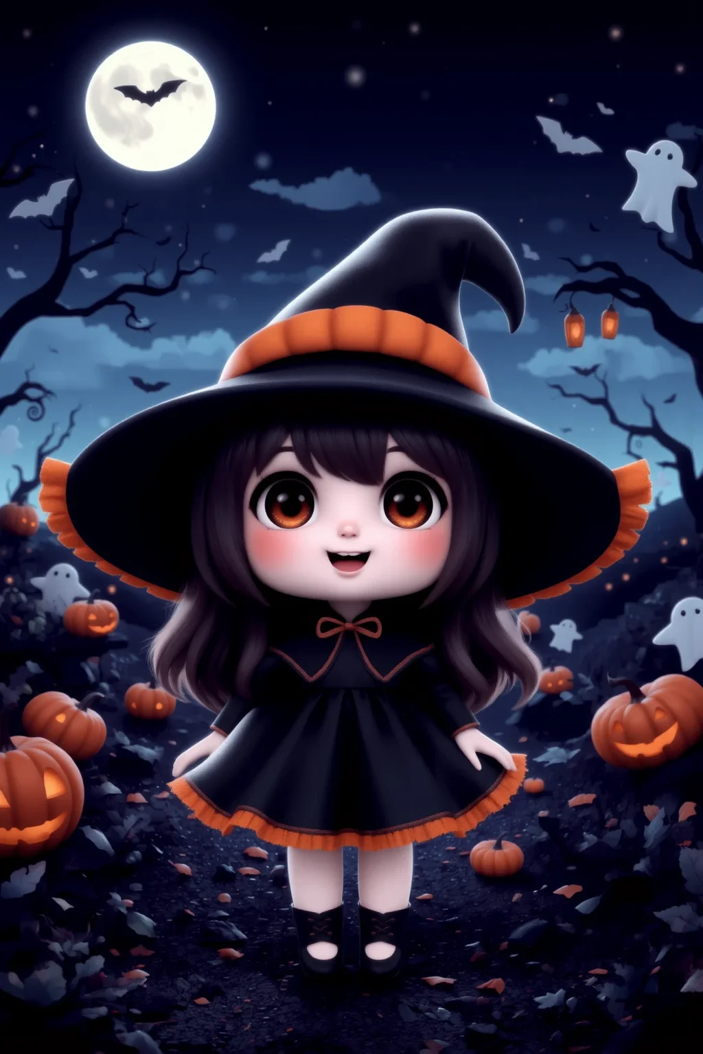 cute, halloween night, horror, (bats), moon in the sky, portrait, (standing:1.2), happy smiling, red eyes,(very detailed), best quality, sharp focus, Amber pumpkin-themed costume, hanging ghost decorations, horror noir, haunted rainstorm, eerie green light, ethereal lights, backlight, shadows, high contrast, hdr, <lora:Anti-Blur:0.8> <lora:Hand v2:0.8> Detailed hand, Hand, Perfect hand <lora:aidmaImageUpgrader:0.8> aidmaimageupgrader <lora:PinkieChibiHalloweenFLUX:0.8> pinkchibihalloween