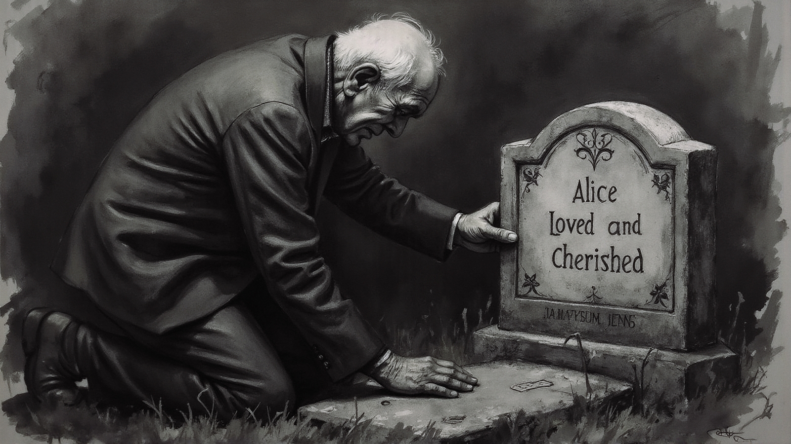 A poignant/ grayscale portrait captures the somber mood of a heart-wrenching moment in time. An elderly man is depicted on his knees beside a weathered gravestone/ overcome with emotion as he mourns the loss of someone dear to him. His face conveys a deep sadness/ etched by sorrow and grief/ as tears well up in his eyes. The tombstone bears the heartfelt inscription "Alice - Loved and Cherished"/ its words imbuing the scene with a sense of profound love and longing. The man's worn hands grasp at the edge of the stone/ as if holding on to what he has lost for dear life.