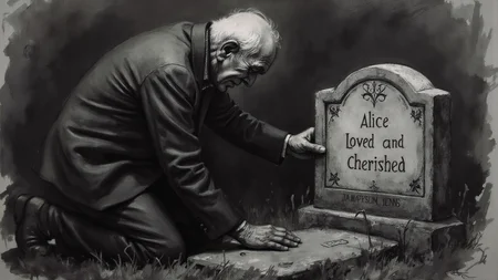 A poignant/ grayscale portrait captures the somber mood of a heart-wrenching moment in time. An elderly man is depicted on his knees beside a weathered gravestone/ overcome with emotion as he mourns the loss of someone dear to him. His face conveys a deep sadness/ etched by sorrow and grief/ as tears well up in his eyes. The tombstone bears the heartfelt inscription "Alice - Loved and Cherished"/ its words imbuing the scene with a sense of profound love and longing. The man's worn hands grasp at the edge of the stone/ as if holding on to what he has lost for dear life.