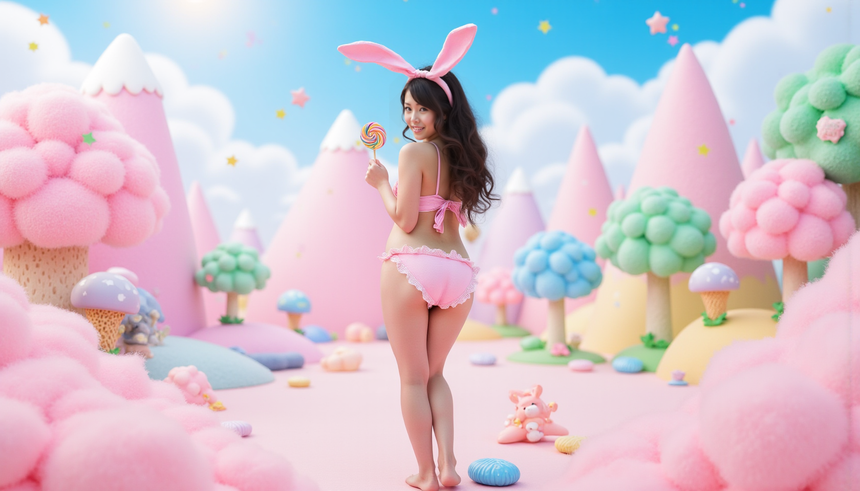 Create an enchanting fantasy landscape featuring a cheerful young asian woman in a pink bikini and a frilly skirt, playfully standing with her back to the viewer while holding a colorful swirl lollipop. She has long, wavy hair adorned with a headband that has cute, cookie-shaped bunny ears. The background is filled with oversized, fluffy pink cotton candy trees, vibrant candy mountains, and whimsical mushroom-shaped structures. Scattered throughout the scene are cheerful pastel-colored candies and playful cartoon character figurines, all under a bright blue sky dotted with fluffy clouds and colorful confetti-like elements falling gently. The overall atmosphere is sweet, playful, and vibrant, evoking a sense of fun and fantasy.
 <segment:yolo-face_yolov8m.pt,0.6,0.5//cid=1>
<segment:yolo-Eyeful_v2-Individual.pt,0.6,0.5//cid=2>
<segment:hair,0.6,0.5//cid=3>