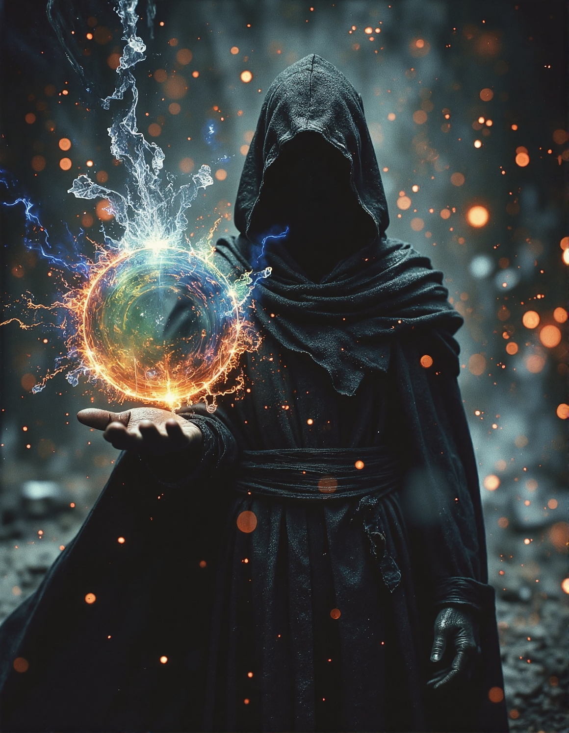 Film noir style A mysterious hooded figure cloaked in dark, tattered robes stands in a dynamic, magical dreamy night scene. The figure's face is obscured by a hood, adding to the enigmatic aura. In the figure's outstretched hand, a swirling, glowing iridescent colorful rainbow orb of energy is being conjured, surrounded by sparkling particles and shards of colorful ice. The background is filled with a storm of magical energy and floating ice fragments, creating a sense of power and mysticism. The overall atmosphere is dark and intense, with a focus on the magical energy and the figure's commanding presence, Monochrome, high contrast, dramatic shadows, 1940s style, mysterious, cinematic, HKMagic, <lora:FantasyWizardWitchesFluxV2-000001:0.9>, <lora:Elden_Ring_-_Yoshitaka_Amano:0.7>, <lora:n30nfilm:0.8>