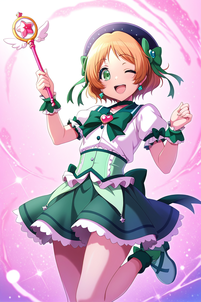 masterpiece, best quality, amazing quality,
 <lora:Miiko_IL:1> miiko, 1girl, one eye closed, green eyes, solo, smile, bow, open mouth, skirt, wrist cuffs, green bow, hat, short hair, wand, holding, magical girl