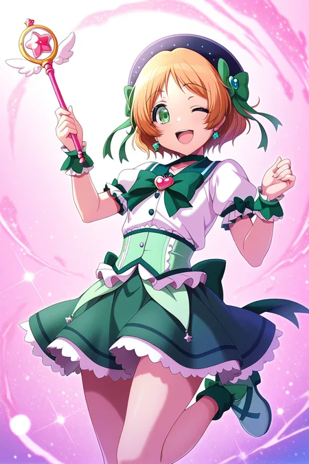 masterpiece, best quality, amazing quality,
<lora:Miiko_IL:1> miiko, 1girl, one eye closed, green eyes, solo, smile, bow, open mouth, skirt, wrist cuffs, green bow, hat, short hair, wand, holding, magical girl