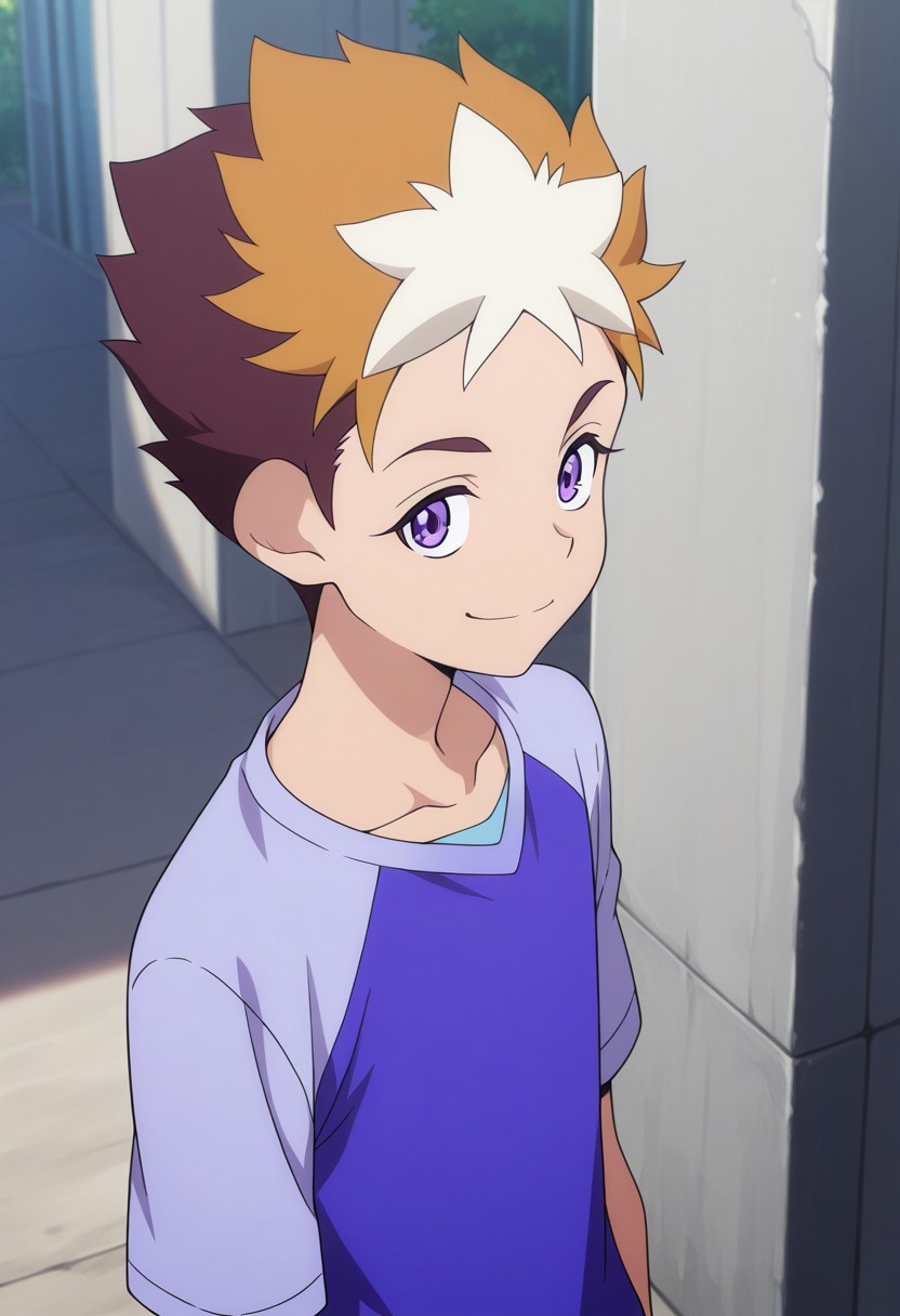 masterpiece,best quality,amazing quality, source_anime,
SubaruMakabe, 1boy, male focus, solo, purple eyes, multicolored hair, brown hair, white hair, collarbone, shirt, purple shirt, short sleeves, smile, outdoor, raglan sleeves