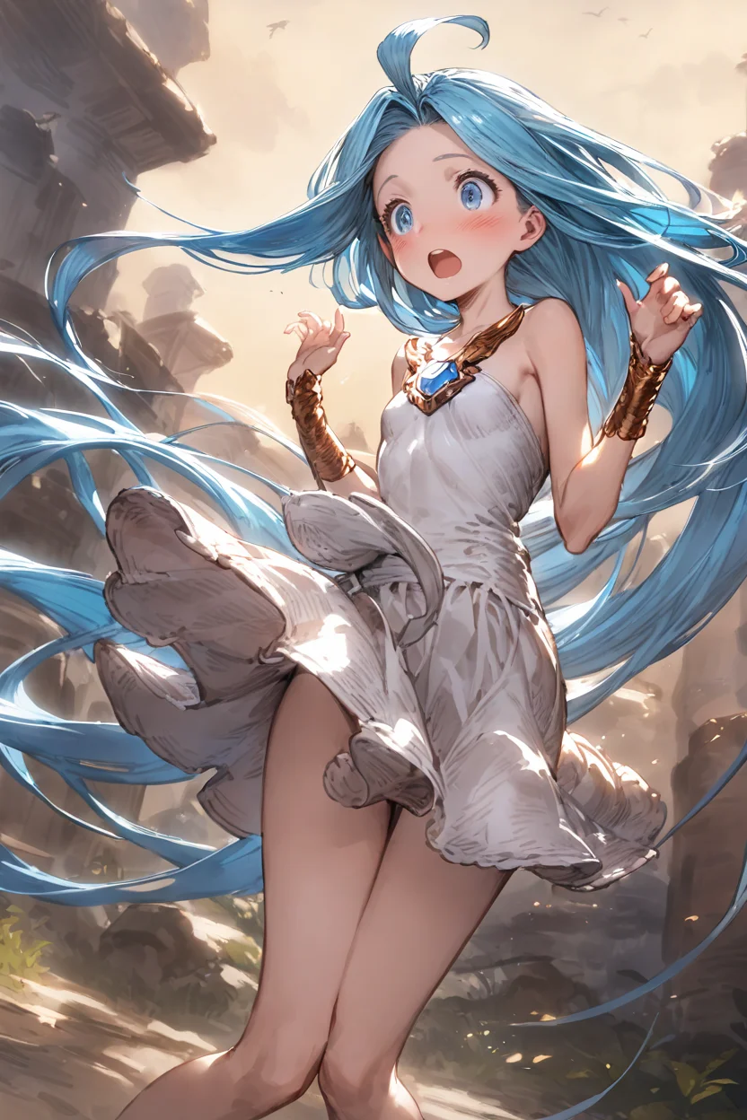 masterpiece, best quality, very aesthetic, absurdres,
1girl, solo, outdoors, heavy wind, wind lift, blown skirt, panty, surprised, blush, floating hair,
lyria \(granblue fantasy\), very long hair, blue hair, ahoge, small breasts, skinny,
<lora:lyria-XL:0.8>, <lora:ishikeiXL:0.2>, clear eyes,