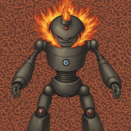 masterpiece, best quality,
1boy, solo, no humans,
(typhlosion:0.5),
(robot:1.5),
fire,
abstract background