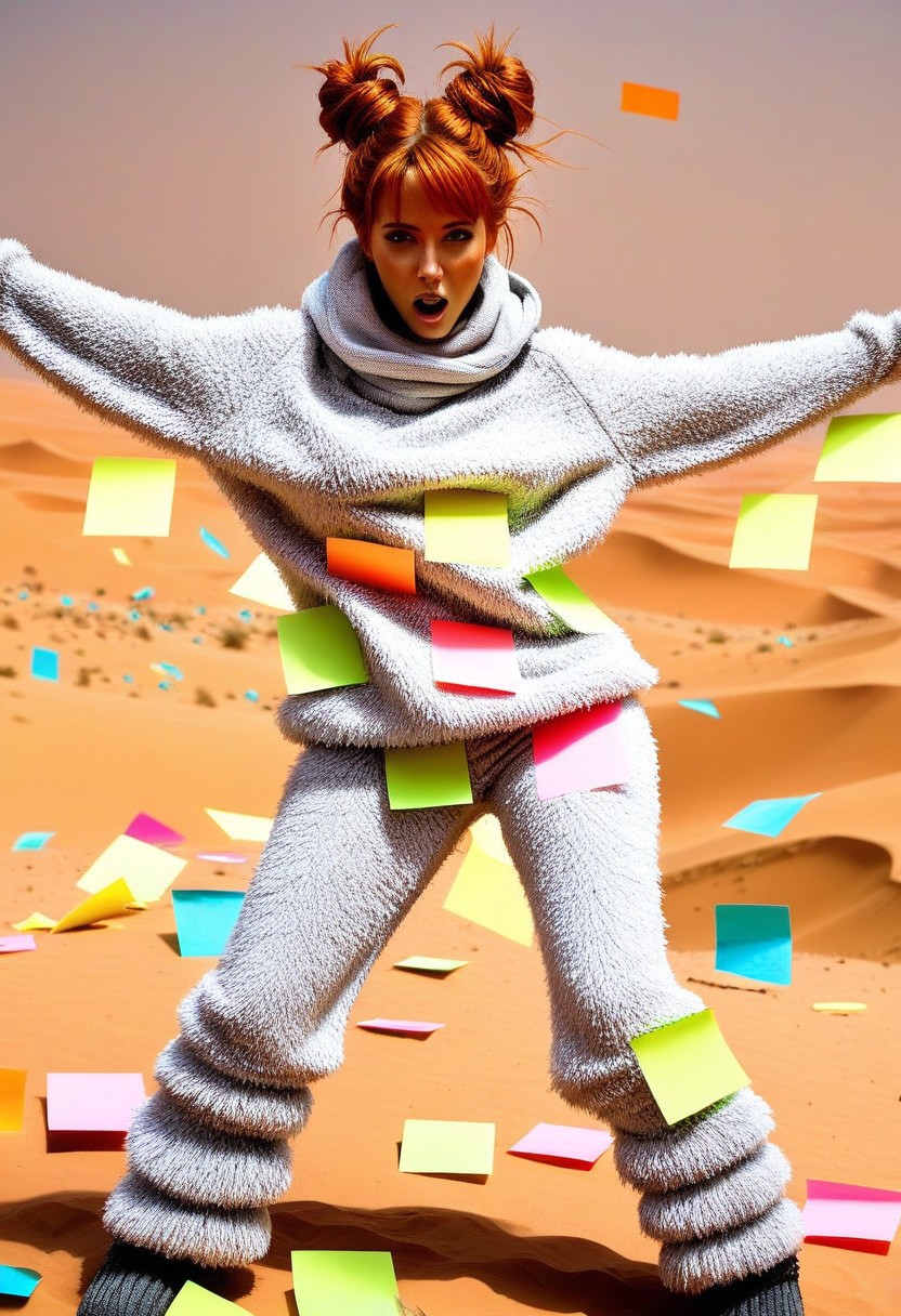 masterpiece, best quality,
1girl, woman, Bunij, ginger hair, hair buns, <lora:Bunij:0.9>, wearing shaggy silver legwarmers, shaggy silver fleece pants, fluffy oversized silver hoodie, in the middle of the Sahara desert, desperately ((fighting a whirlwind made from hundreds of Jed-StickyN sticky notes))
