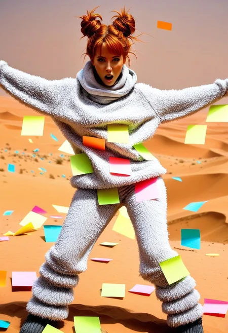 masterpiece, best quality,
1girl, woman, Bunij, ginger hair, hair buns, <lora:Bunij:0.9>, wearing shaggy silver legwarmers, shaggy silver fleece pants, fluffy oversized silver hoodie, in the middle of the Sahara desert, desperately ((fighting a whirlwind made from hundreds of Jed-StickyN sticky notes))