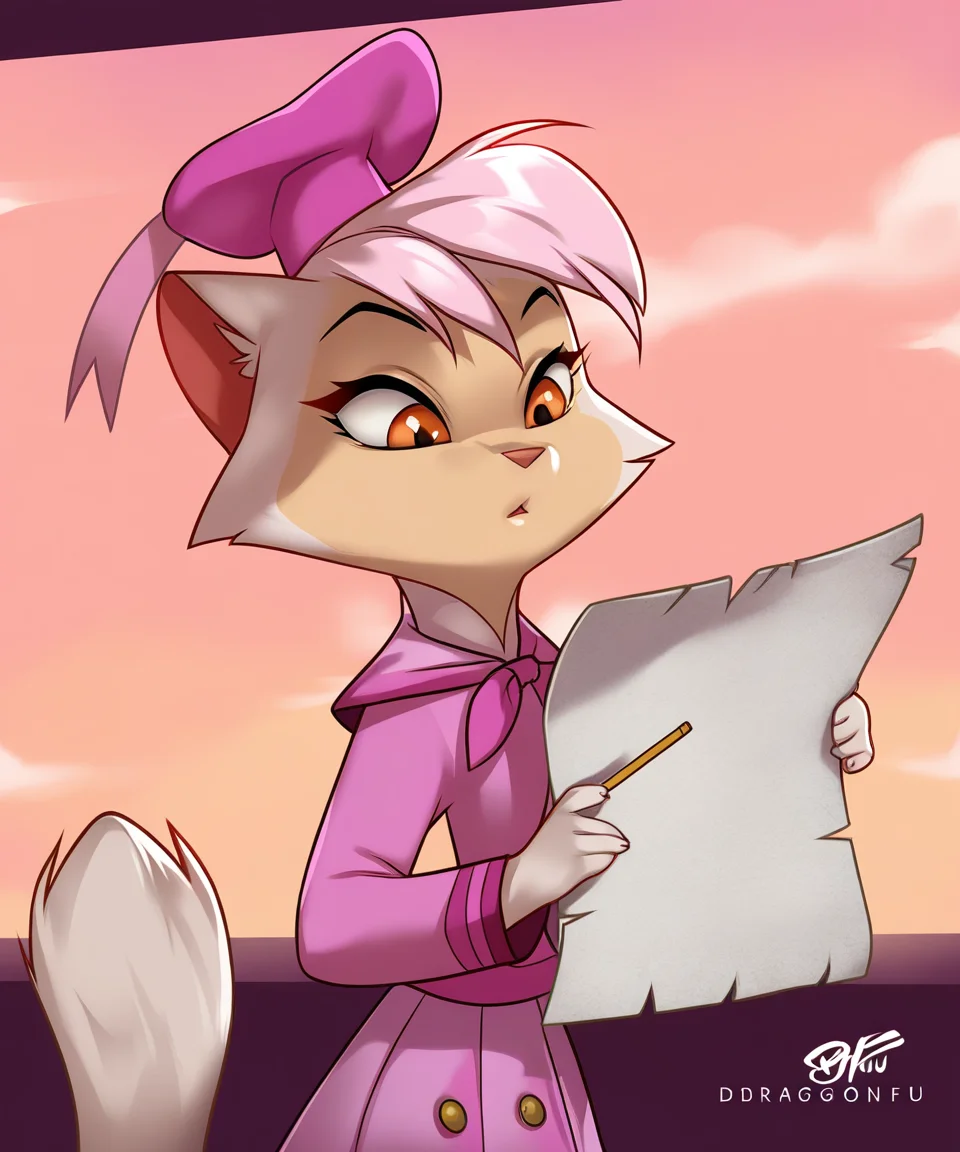 solo, sawyer, female, movie outfit, pink hat, holding paper, looking at paper, pink sky, by jimnsei,by dragonfu, <lora:SawyerXL_01-Noob-nd64-lr2-ep24:1>