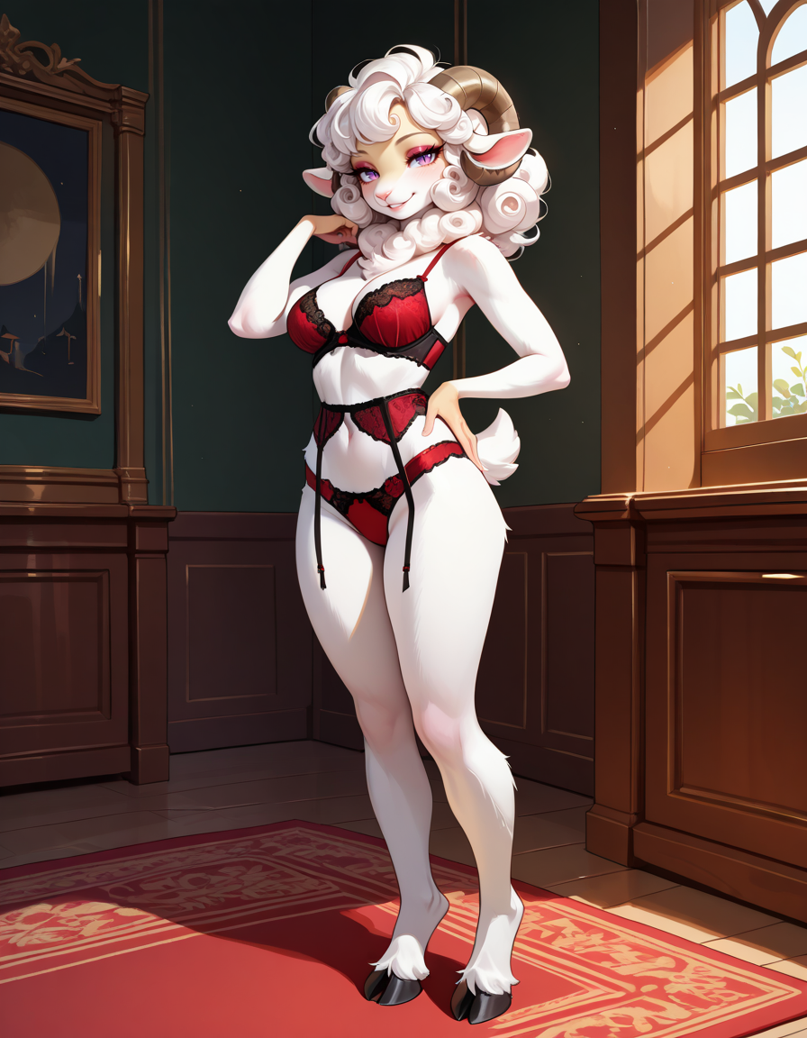 masterpiece, best quality, very aesthetic, absurdres,
indoors, lingerie, 
full body, standing, posing,
seductive smile, parted lips, long eyelashes, makeup,
<lora:Dolly_v03_NAIXL:1>
Dolly,1girl, solo, furry female, sheep girl, sheep ears, horns, short curly hair, white hair, purple eyes, slit pupils, animal nose, body fur, white fur, short tail, hooves,