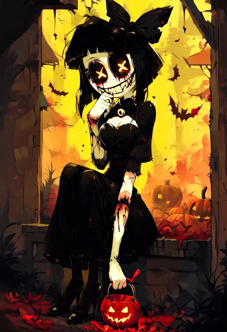 1girl, creepy susie, ((Goth Girl with very pale skin)) , eyepatch on left eye, smile, grin,
BREAK
score_9, score_8_up, score_7_up, score_6_up, source_cartoon, rating_explicit
GothMakeup
MuscleBae
BondageAttire
black hair bow, black sclera, colored sclera, yellow eyes, short black hair, braids, black dress, black high heels, stitches, injury, scars, + +, injury, scars, blood, black tears, tr1ck0rtr3at, holding, Halloween bucket in left hand, doorway, street background, jack-o'-lantern, trees, falling leaves, yellow orange and red leaves, holding a butcher knife in right hand, witch hat