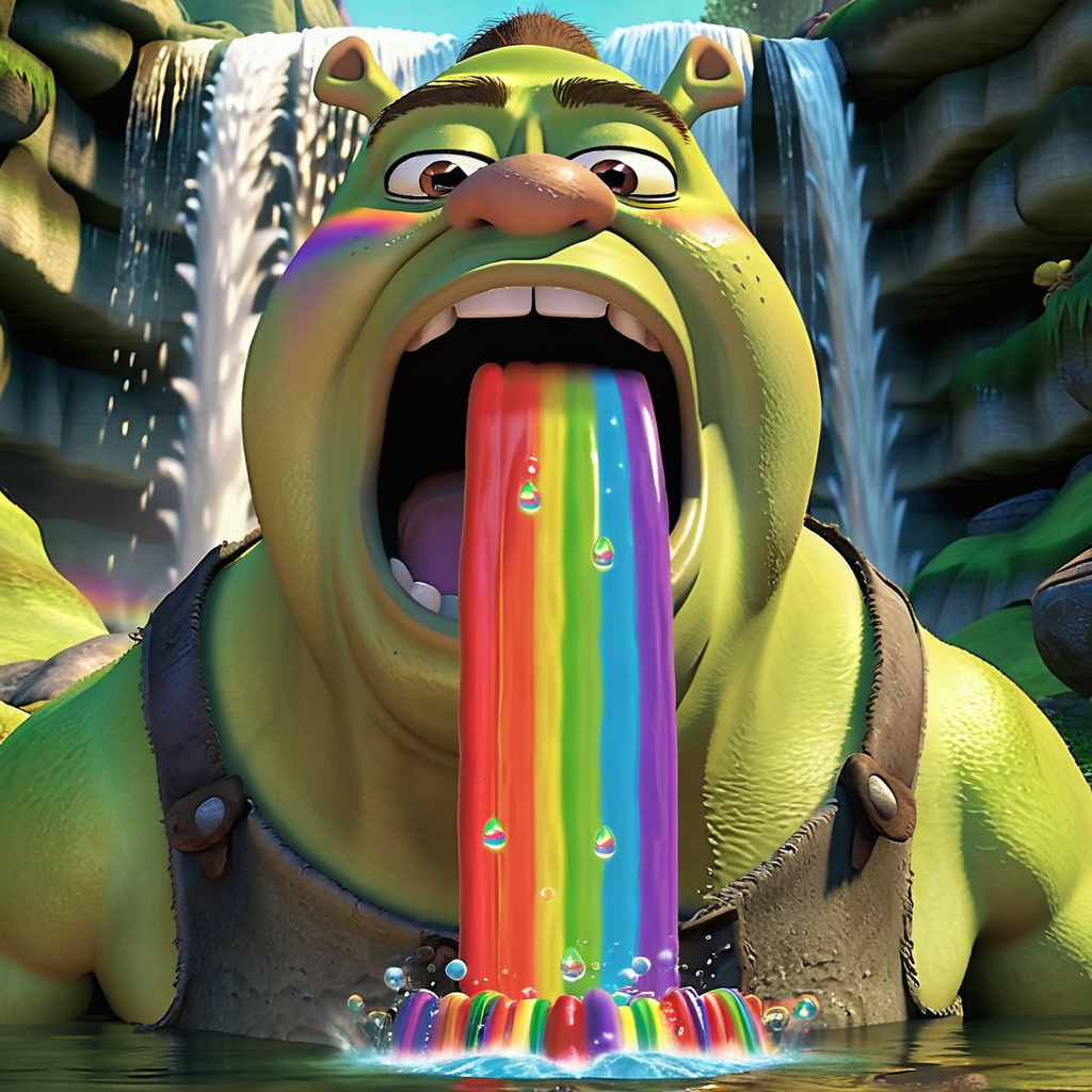 ukj style cartoon shrek, powerful forceful waterfall of  rainbow goo, large open mouth, 8k, best quality <lora:rainow_sdxl_ukjstyle_v111602-000003:1>