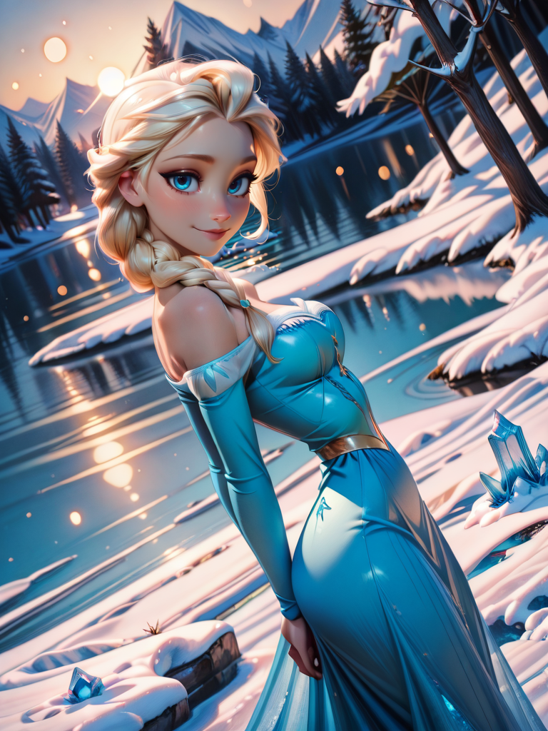 highres, hi res, best quality, masterpiece,,
1girl, medium breasts, narrow waist, wide hips, (ElsaXL:1.1), blonde hair, blue eyes, single braid, hair over shoulder, blue dress, bare shoulders, long sleeves, long skirt,
light smile, dutch angle, sexy pose, looking at viewer, snow, ice rocks, lake, outdoors, daylight, dynamic pose, from side, arms behind back,
 <lora:ElsaXL_Character:0.75><lora:RealisticAnimeIXL:0.85> bokeh, luminescent background, cartoon