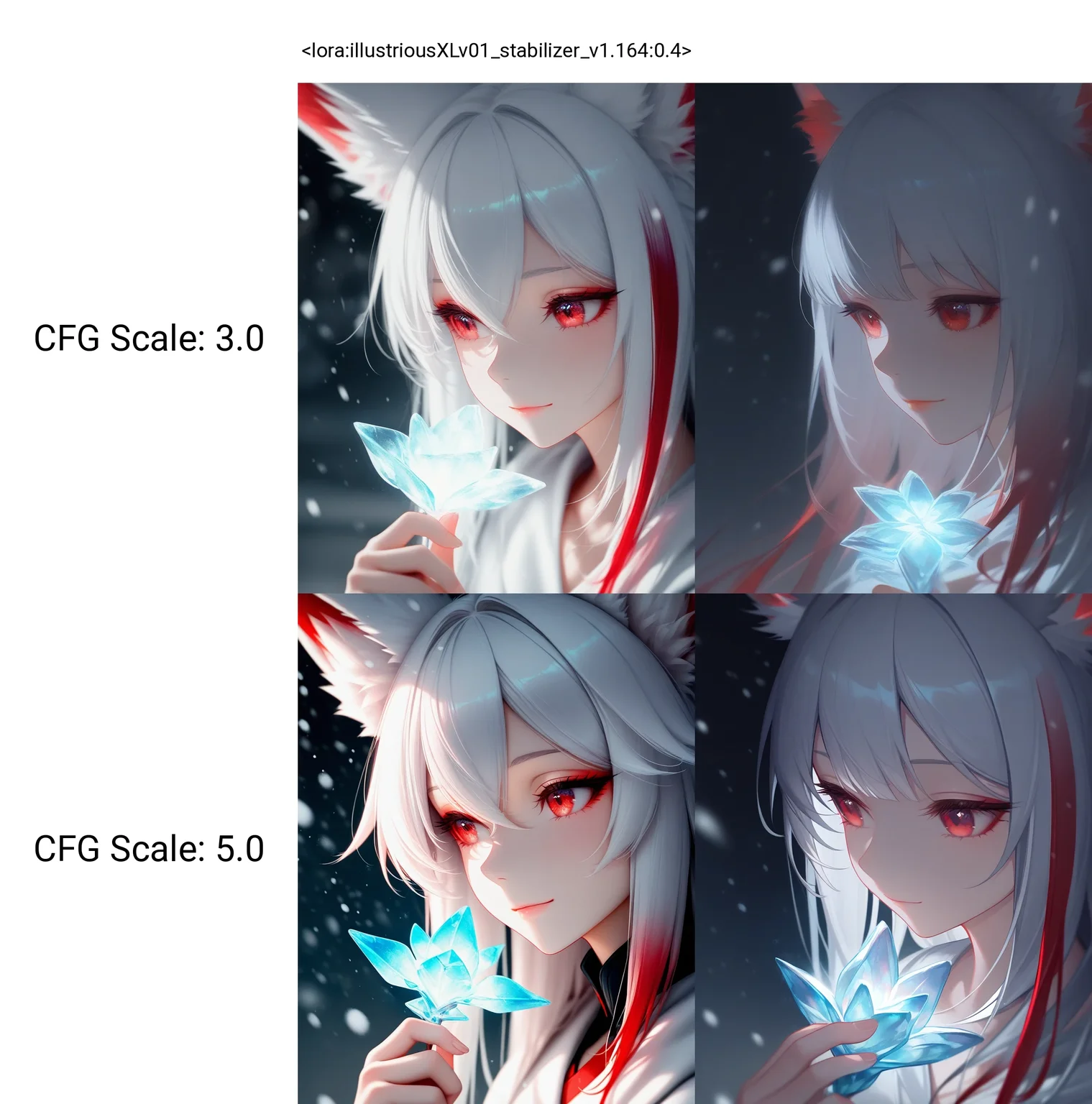 <lora:illustriousXLv01_stabilizer_v1.164:0.4>1girl,fox girl,red eyes,white hair,red hair,light smile,multicolored hair,upper body,looking away,holding glowing ice rose,portrait,snowing,long hair,dark,close-up,depth of field,masterpiece,