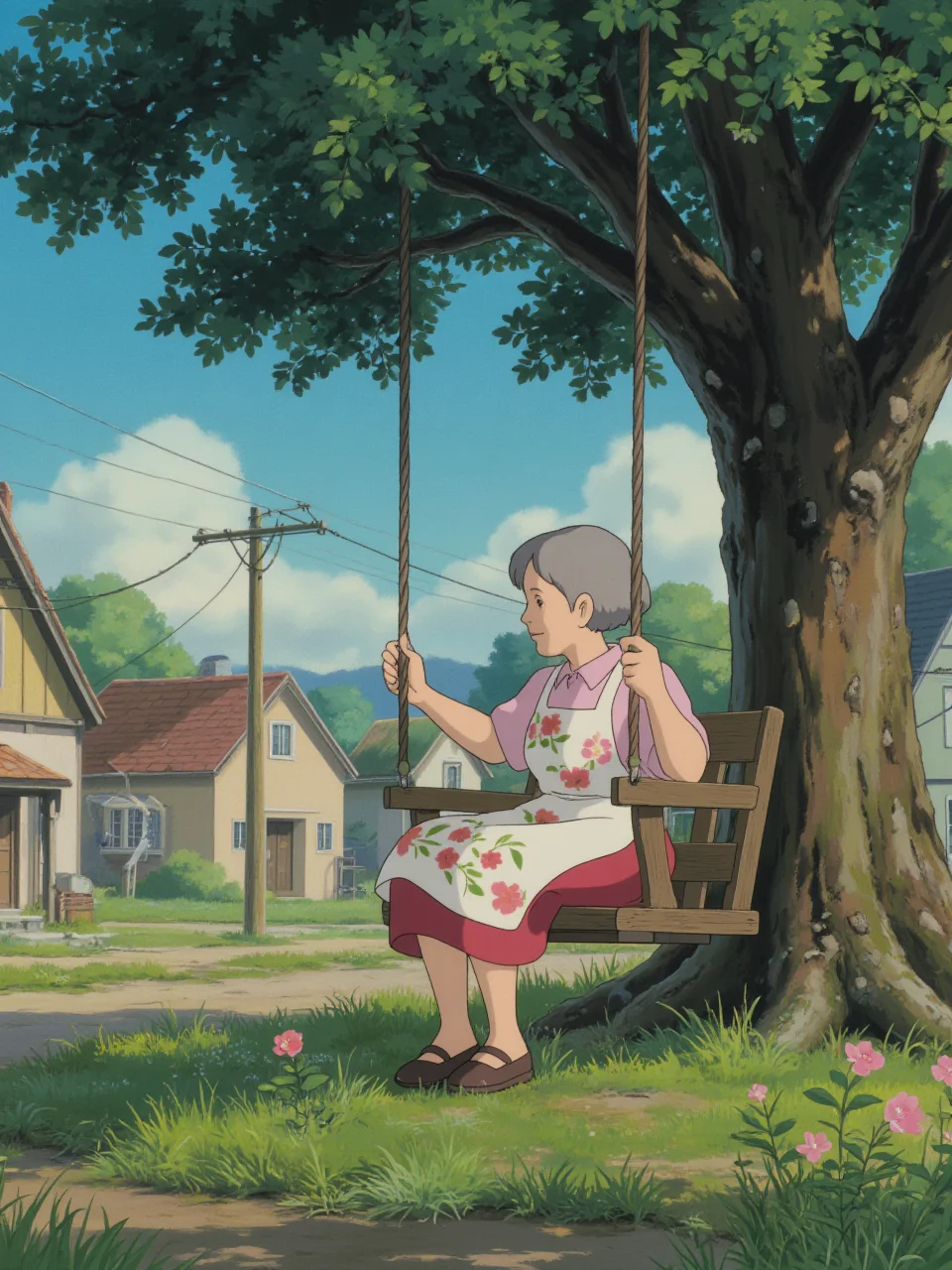 An elderly woman with gray hair and a floral apron is sitting on a wooden swing under a large tree. Her hand gently caresses the petals of a nearby flower. The village is peaceful, with colorful cottages and a gentle breeze blowing. The sky is clear and blue, and the soft light of the setting sun bathes the scene in golden hues.