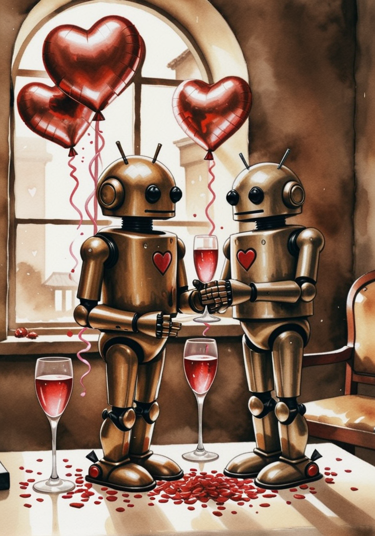 (object: (android, robot:1.36) (filled,champagne flute:0.98))  , (color scheme:(sepia:1.29)), (location:(arena:1.16)), (Valentines Day:1.25), (romantic scene:1.3), showing (love:1.2) and (affection:1.15), floating hearts(epic:1.2), trending on artstation, (high quality:1.2), (masterpiece:1.2), high details, incredibly absurdres, colorful), ,,,(gouache paint:0.66) (polaroid:0.66),(Stonetoss Style:1.28) (Pokemon RGBY Style:0.8) (Sushi Yuusha Toro Style:1.38), , (comp_right:0.74) (lower_angle:1.31)