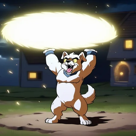 Ultra-realistic extremely detailed real life 8k masterpiece of an adorable beagle puppy holding a ((destructo disk)) in paw over head in abattle at night, dragonball action, extremely detailed facial features, dark scary epic lighting, horror composition <lora:destructo disk:1>