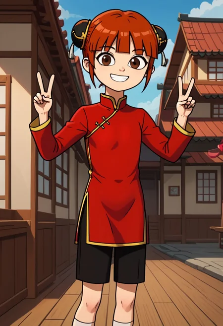 score_9, score_8_up, score_7_up, 1girl, solo, Fiore_DC, light skin, brown eyes, red hair, short hair, Double bun, bun cover, black bun cover, bangs, white socks, sandals, Chinese clothes, China dress, red cheongsam, long sleeves, black pants, big eyes, young, petite, small body, short body, child, flat chested, social smile, perfect eyes, perfect smile, looking at the viewer, detailed eyes, perfect eyes, standing, five fingers, perfect hands, hands sign peace, high-tech oedo town, blue sky, daytime, good weather, nice