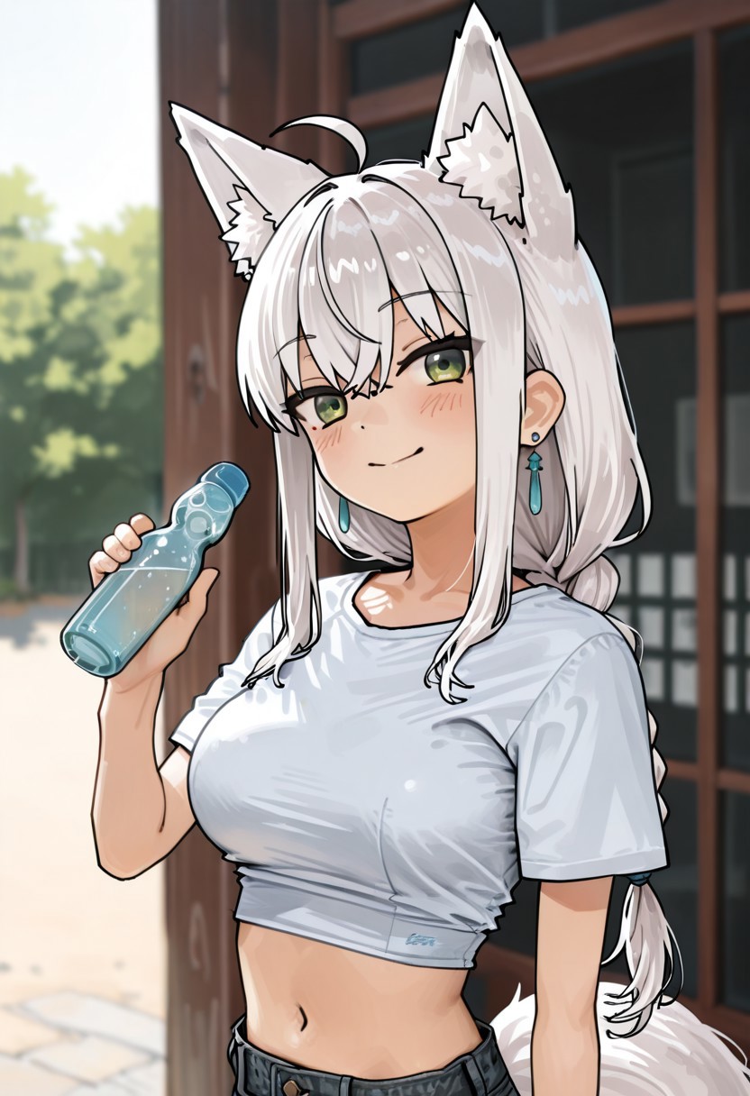 lazypos, girl focus, 1girl, animal ears, virtual youtuber, fox ears, ahoge, solo, long hair, fox girl, fox tail, tail, braid, holding, looking at viewer, holding bottle, hair between eyes, white hair, sidelocks, blush, single braid, bottle, earrings, ramune, jewelry, animal ear fluff, smile, green eyes, blurry background, blurry, crop top, shirt, breasts, midriff, white shirt, medium breasts, kaedeko