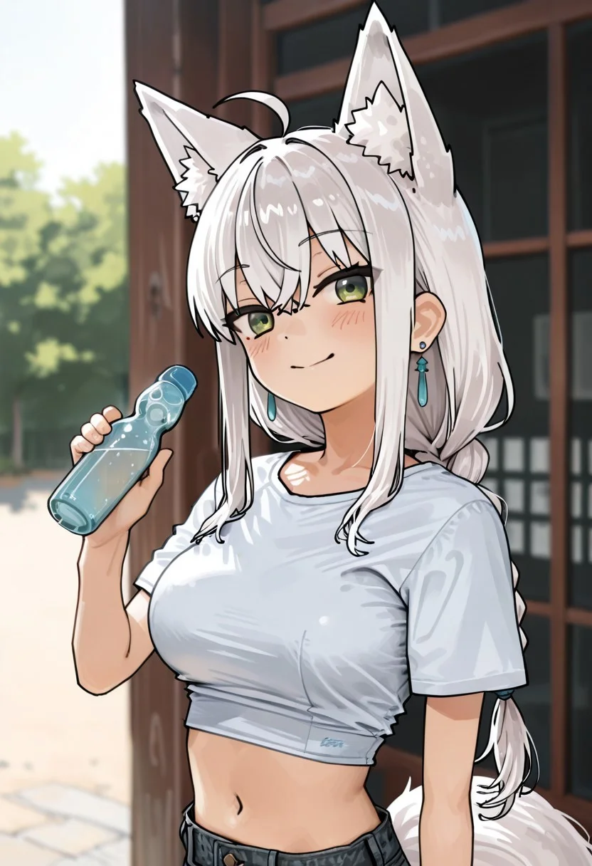 lazypos, girl focus, 1girl, animal ears, virtual youtuber, fox ears, ahoge, solo, long hair, fox girl, fox tail, tail, braid, holding, looking at viewer, holding bottle, hair between eyes, white hair, sidelocks, blush, single braid, bottle, earrings, ramune, jewelry, animal ear fluff, smile, green eyes, blurry background, blurry, crop top, shirt, breasts, midriff, white shirt, medium breasts, kaedeko