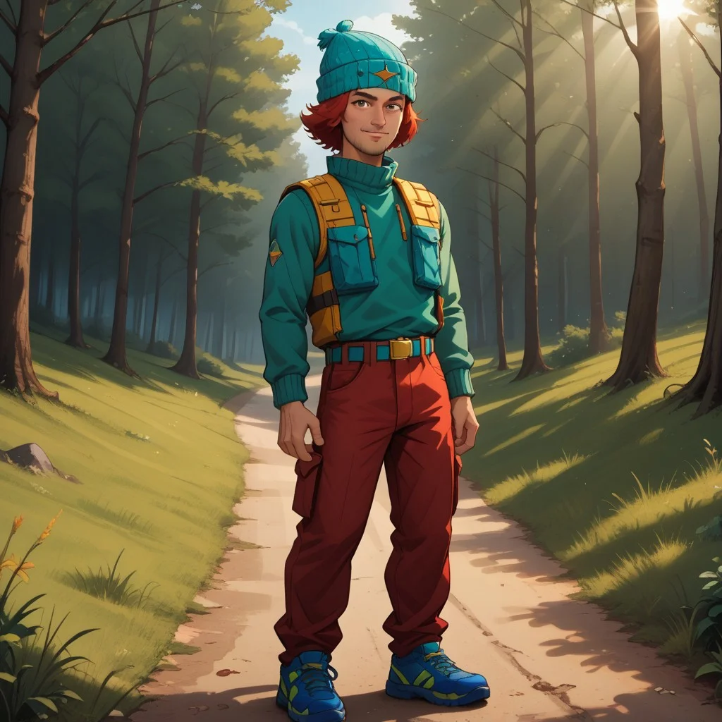 score_9, score_8, BREAK, solo, Smeiden, 1boy, cyan beanie, red hair, red stubble, green sweater, high collar, red vest, red cargo pants, cyan belt, golden belt buckle, green and blue sneakers, black eyes, cool pose, self portrait, smile, looking at viewer, outdoors, sunlight, shadows, evening lighting, natural lighting, forest, trees, grass, orange sky, sunset