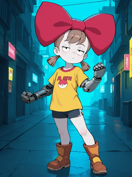 <lora:The_BowIL:0.4> t_b, 1girl, black eyes, pale skin, light brown hair, pigtails hair, fringe, circular eyes, shirt, shorts,huge bow on head, boots,
looking at viewer, cyberpunk, augmentations, prosthetic, metal arm, difficult background, at night, dynamic pose
