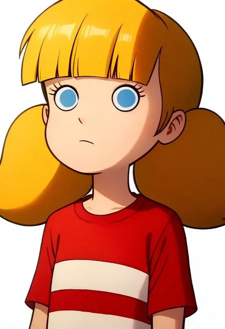 score_8, score_8_up, score_7_up, score_6_up, source_cartoon, BREAK, 1girl, solo, female focus, penny_ig, blonde hair, twintails, red shirt, stripe, flat chest, upper body, simple background, white background, o_o, meme, no mouth, looking at viewer