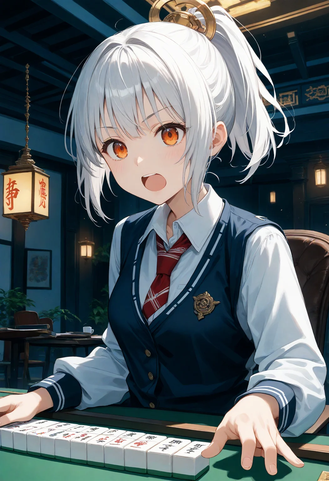 score_9, score_8_up, score_7_up , source_anime, masterpiece, best quality, perfect anatomy , very aesthetic , absurdres ,
1girl, school uniform, medium breasts, solo,<lora:mahjong_Pony_v1:0.9>
mahjong, mahjong tile, mahjong table, board game, playing games,holding mahjong tile,indoors, sitting, chair,
ceiling, upper body, looking up,white hair, orange eyes,open mouth, short ponytail hair, facepalm