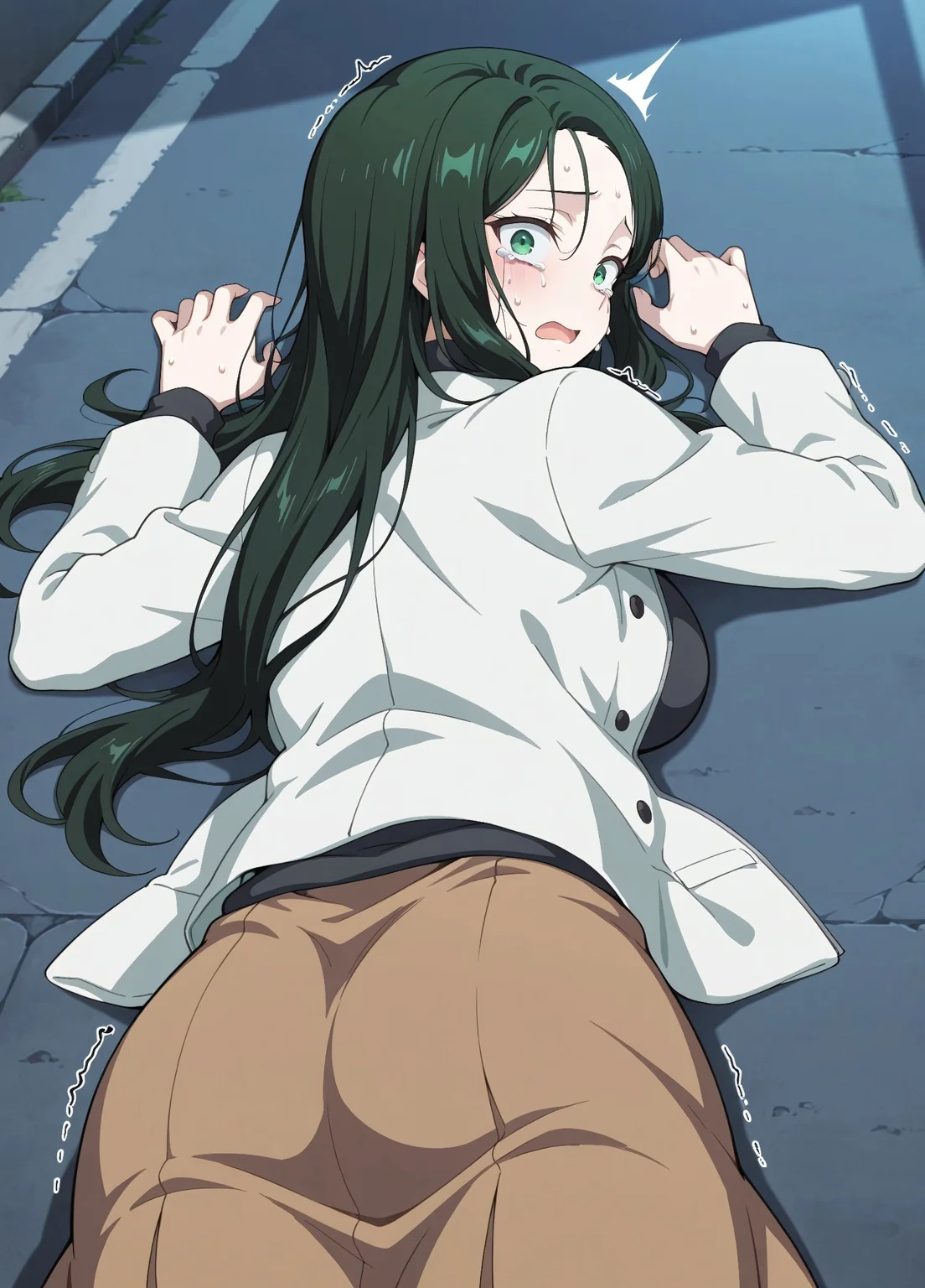 unholy-aesthetic, masterpiece, best quality, amazing quality, absurdres,
na0n_yun0,1girl, solo, dark green hair, long hair, green eyes, large breasts,
White jacket, open jacket, black sweater, turtleneck sweater, brown skirt
Lying on the ground, hands support, on the street, look at viewer, shocked, crying, sweating, shaking, night time, moonlight, from behind, back view,