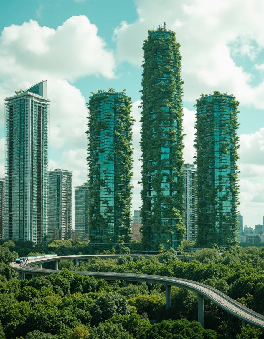 touch of verdigris style photograph, a utopian city with towering eco-friendly skyscrapers covered in greenery and connected by high-speed transit systems