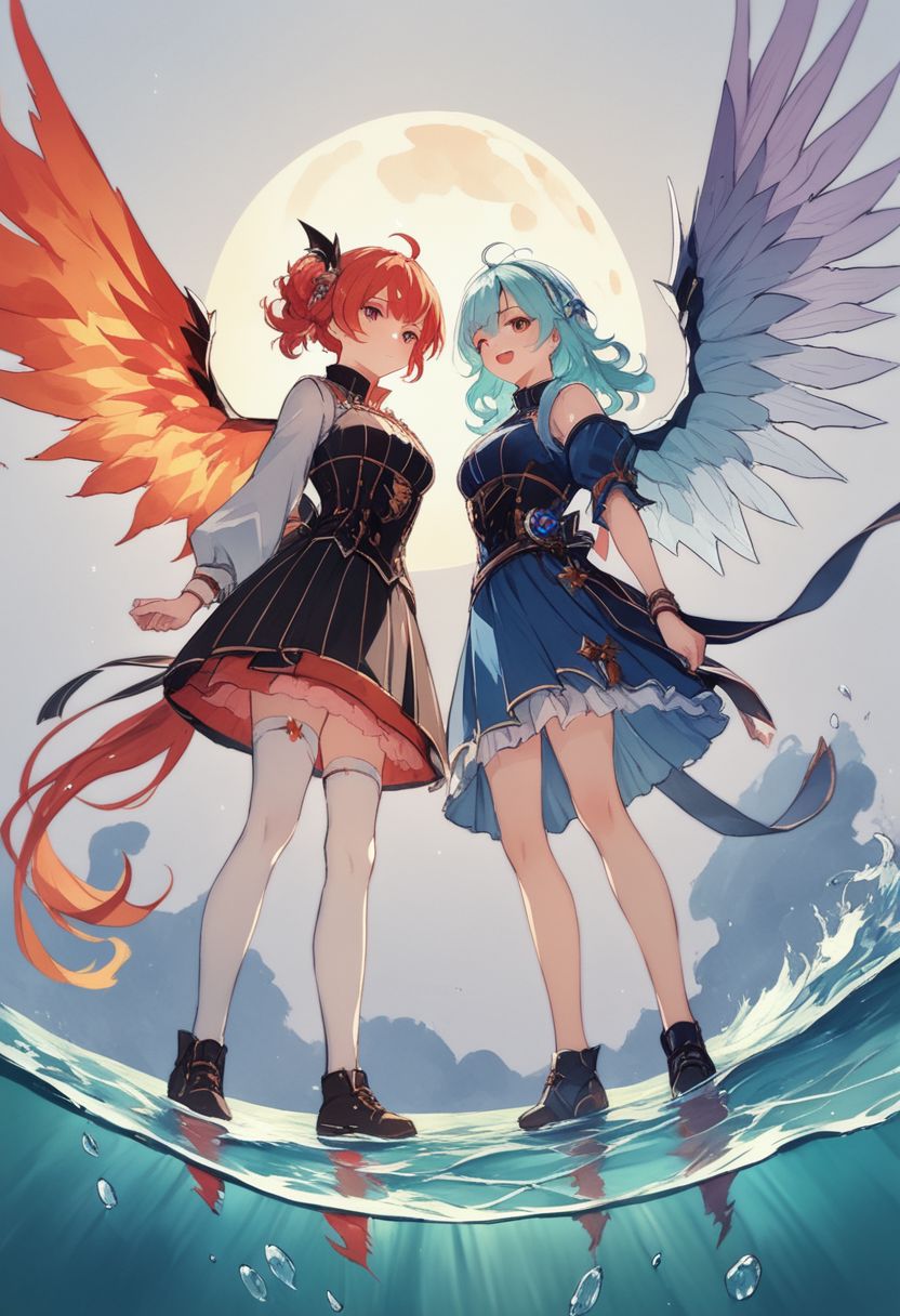 ((extremaly_highest(ultraresolution, ultraquality, ultradetalized), masterpiece, 8k):0.8),
(score_9, score_8_up, score_7_up, score_6_up, score_5_up, score_4_up), colored image,
2 girls, fire girl, air girl with wings,
(four tiers, fire element first tier, earth element second tier, water element third tier, air element fourth tier), sectional view, symmetrical art, 
planet earth background, water waves at below part of image,