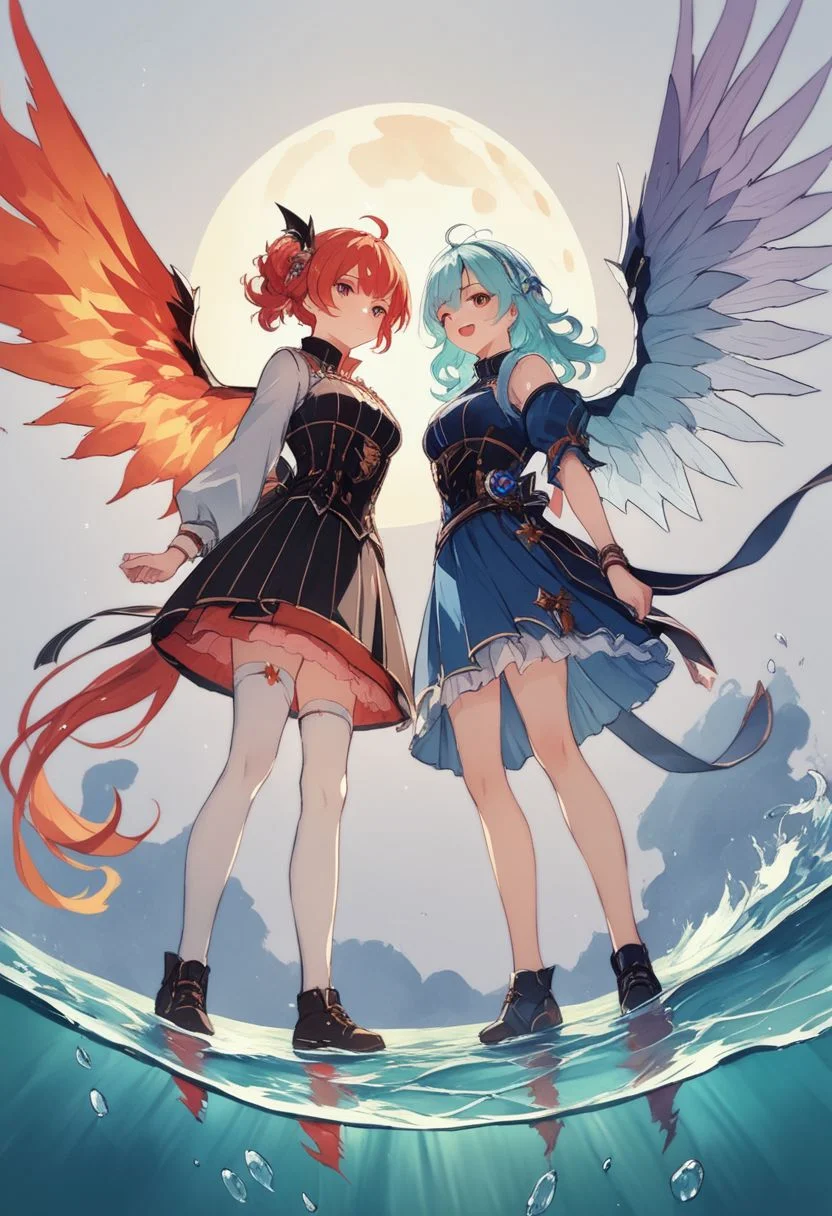 ((extremaly_highest(ultraresolution, ultraquality, ultradetalized), masterpiece, 8k):0.8),
(score_9, score_8_up, score_7_up, score_6_up, score_5_up, score_4_up), colored image,
2 girls, fire girl, air girl with wings,
(four tiers, fire element first tier, earth element second tier, water element third tier, air element fourth tier), sectional view, symmetrical art,
planet earth background, water waves at below part of image,