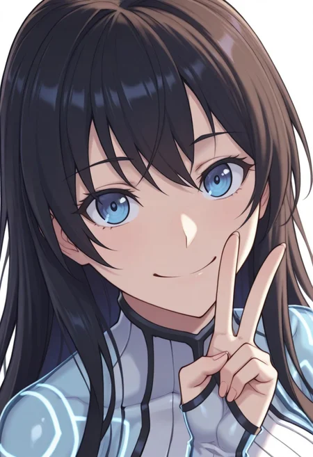masterpiece, best quality, 1girl,    Aero11, 1girl, full bodysuit, see through sleeves, long hair,  see through cape, boots, V, (portrait, face,smile:1.5)