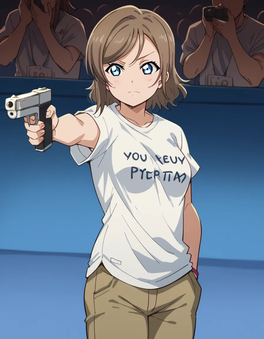 score_9, score_8_up, score_7_up, source_anime, <lora:you-watanabe-s2-ponyxl-lora-nochekaiser:1>, you watanabe, blue eyes, brown hair, short hair, swept bangs, medium breasts, <lora:yusuf-dikec-ponyxl-lora-nochekaiser:1> yusuf dikec, yusuf dikec (meme), meme, hand in pocket, handgun, holding gun, gun, shirt, t-shirt, pants, audience,, , cowboy shot,