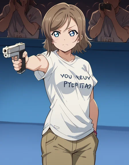 score_9, score_8_up, score_7_up, source_anime, <lora:you-watanabe-s2-ponyxl-lora-nochekaiser:1>, you watanabe, blue eyes, brown hair, short hair, swept bangs, medium breasts, <lora:yusuf-dikec-ponyxl-lora-nochekaiser:1> yusuf dikec, yusuf dikec (meme), meme, hand in pocket, handgun, holding gun, gun, shirt, t-shirt, pants, audience,, , cowboy shot,