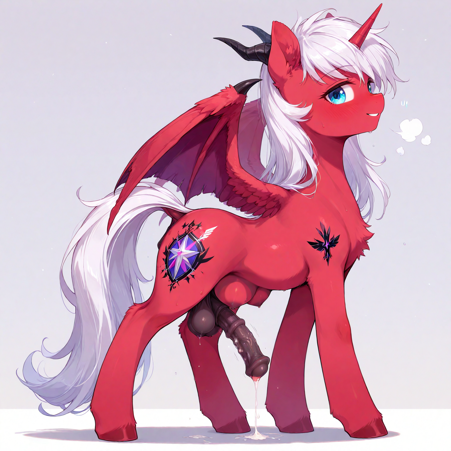 score_9, score_8_up, score_7_up, score_6_up, score_5_up, score_4_up, duo, 
Solo, pony alicorn, red skin, white mane, wings, horn, futa, erect equine penis, 
standing in 4 legs,
medium crotchboobs, penis going through crotchboobs,
side view, full body shot,
