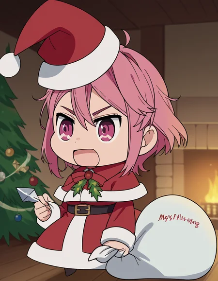 score_9, score_8_up, score_7_up, source_anime, <lora:aira-shiratori-s1-ponyxl-lora-nochekaiser:1>, aira shiratori, short hair, bangs, hair between eyes, pink hair, pink eyes, medium breasts, anime screencap,, <lora:padoru-ponyxl-lora-nochekaiser:1>, padoru, padoru (meme), holding sack, sack, santa hat, meme, christmas, open mouth, chibi, red capelet, santa dress, capelet, fur-trimmed headwear,, , dutch angle, cowboy shot