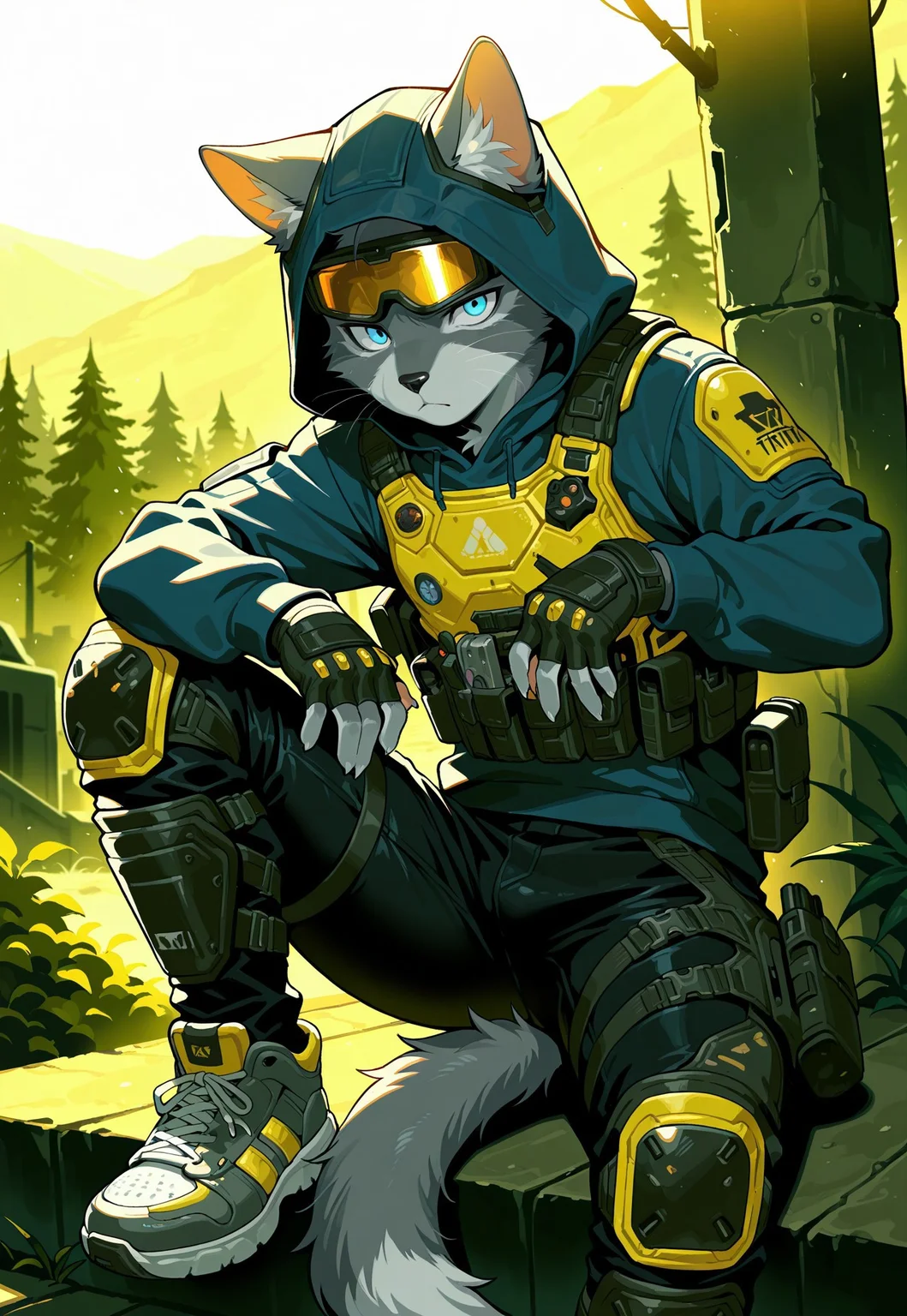 masterpiece,best quality, amazing quality,1boy, solo, Gray cat, Furry gray cat, fluffy tail, 5 fingers, Cat Blue eyes, black nose, sneakers, black jeans, blue hoodie, tactical black body armor, yellow ski goggles on eyes under hood, hood, fingerless gloves, knee pads and shin guards, stalker and Titanfall style suit.