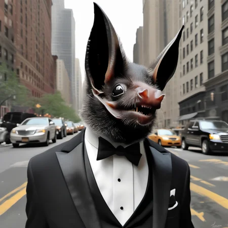 photorealistic, gentleman bats01 in a tuxedo face enhanced, on a Manhattan street, in the style of <lora:bats01-xl:1>