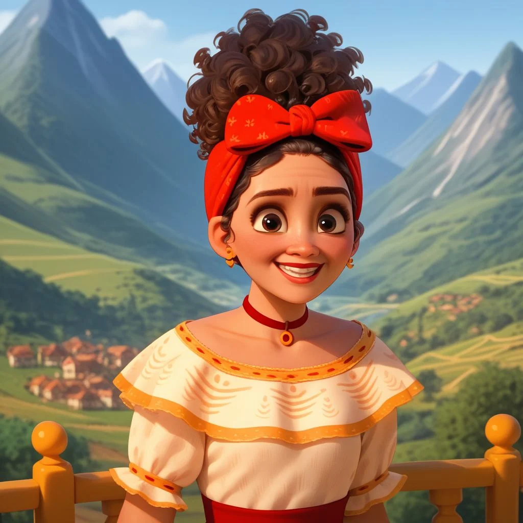 score_9, score_8_up, score_7_up, score_6_up, score_5_up, score_4_up, 1girl, Dolores, head tilted, mountain background, smiling
