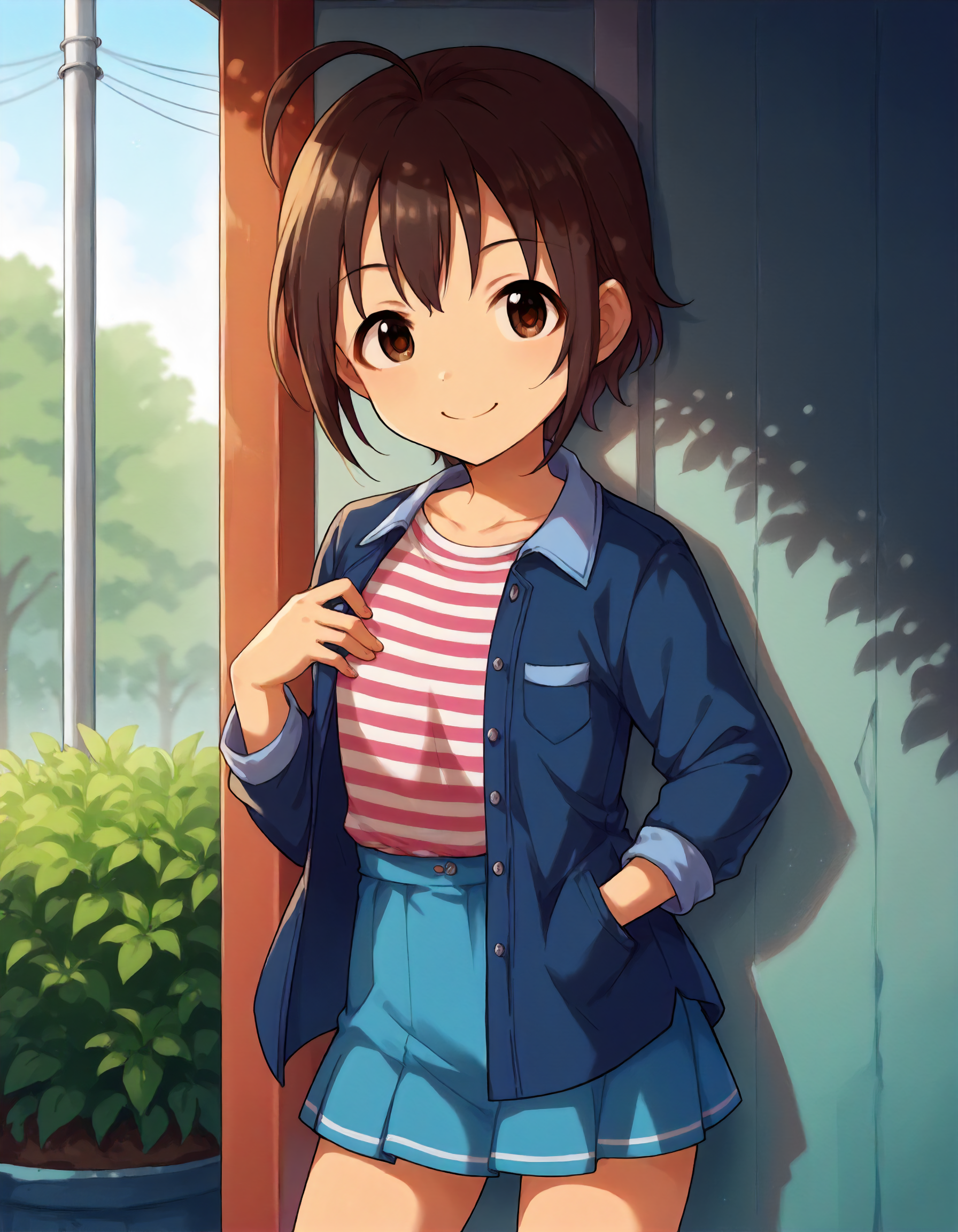 score_9,score_8_up,score_7_up,1girl,solo,cowboy shot,smile,looking at viewer,outdoors,
<lora:wakiyamatamami_ponyXLV6:0.8>,cgwtmm,
brown hair,short hair,ahoge,brown eyes,flat chest,
striped T-shirt,blue jacket,cyan skirt