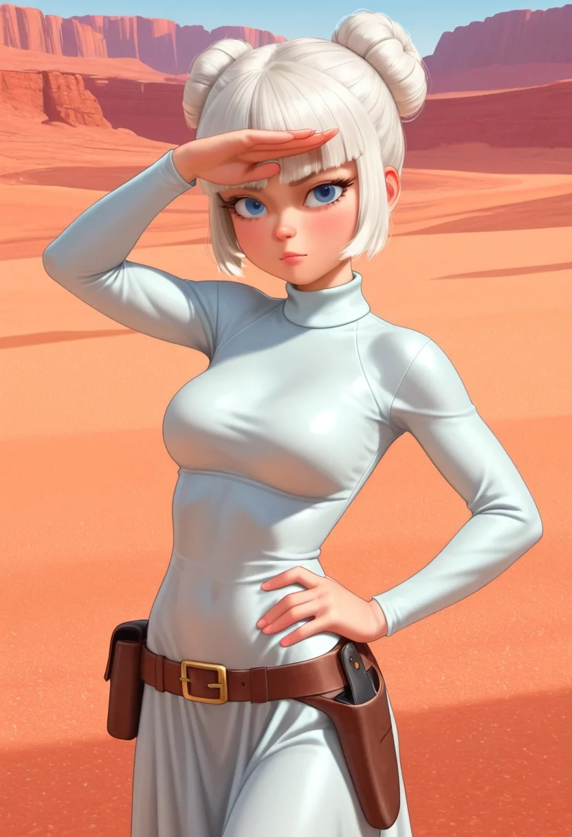 , taffytawir, 18 years old, white hair, bangs covering forehead, blue eyes, short hair,PRINCESS LEIA hair buns, bedroon eyes, horny expression, sexy pose, long white gown, smooth gown, white turtleneck, brown utility belt, holster, belt pouches, medium breasts, desert background, solo, hand on hip, masterpiece,best quality,amazing quality, athletic body, looking at viewer, three quarter shot